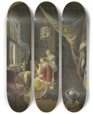 Triptych art skateboard deck of Jan Frederik Schierecke Young Lady At Her Toilette by Jan Frederik Schierecke