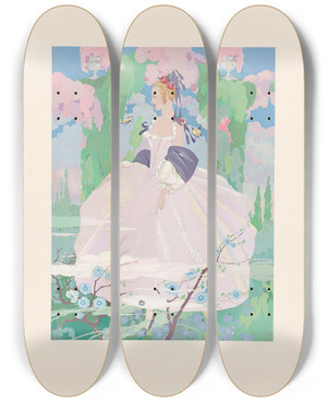 Triptych art skateboard deck of Umberto Brunelleschi Vrouw In Roze Jurk In Tuin by Umberto Brunelleschi (1879-1949)