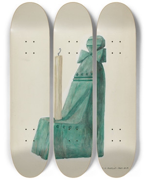 Triptych art skateboard deck of Majel G Claflin Painted Wooden Candle Stick With Grooves Andcircles by Majel G Claflin (1893-1941)