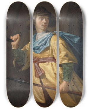 Triptych art skateboard deck of Peter Danckerts De Rij Portrait Of A Young Man With A Javelin And A Hunting Horn by Peter Danckerts De Rij (1605-1661)