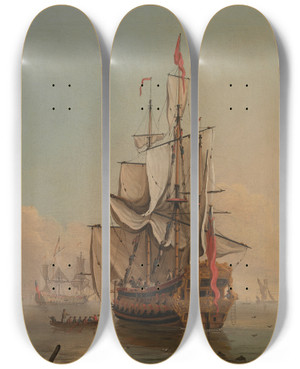 Triptych art skateboard deck of Peter Monamy Shipping In A Calm by Peter Monamy (1681-1749)