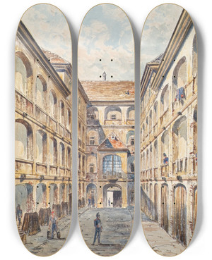 Triptych art skateboard deck of Emil Htter Der Erste Hof Der Salzgrieskaserne In Wien by Emil Hutter (1835-1886)