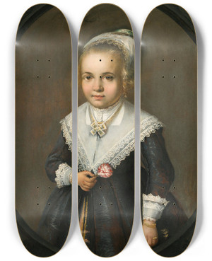 Triptych art skateboard deck of Jan Van Teylingen Portrait Of A Young Girl Holding A Flower by Jan Van Teylingen (1602-1654)