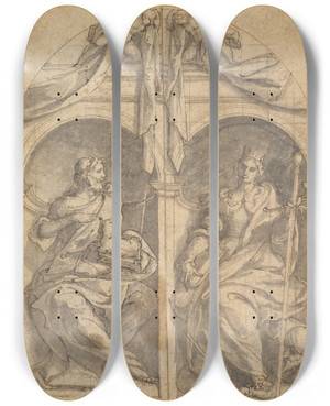 Triptych art skateboard deck of Jan Van Scorel Two Wings Of An Altarpiece Depicting Saints John The Baptist And Catherine In Niches Surmounted By Angels by Jan Van Scorel (1495-1562)