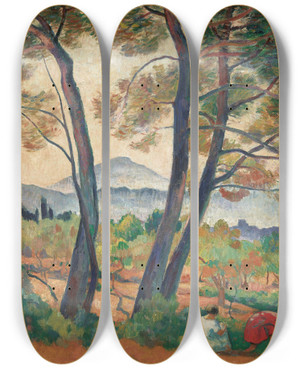 Triptych art skateboard deck of Henri Lebasque Sanary Vue Sur Le Cap Sici by Henri Lebasque (1865-1937)