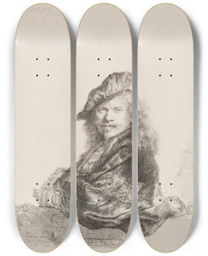 Triptych art skateboard deck of Rembrandt Van Rijn Selfportrait Leaning On A Stone Sill_3 by Rembrandt Van Rijn (1606-1669)