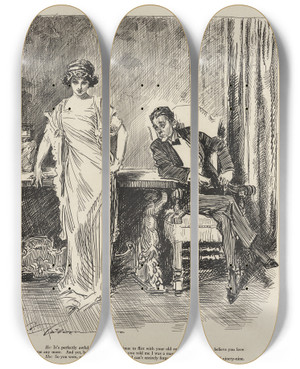 Triptych art skateboard deck of Charles Dana Gibson He Its Perfectly Awful The Way You Continue To Flirt With Your Old Sweethearts by Charles Dana Gibson (1867-1944)