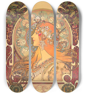 Alphonse Mucha Zodiac Art Nouveau Skateboard Deck Triptych - 3-piece limited edition wall art printed on Canadian Maple