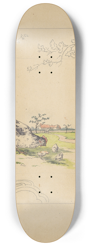 Albert Louis Dammouse - Ontwerp voor bord van het model Square met een hen en drie kuikens 8.25 inch art skate deck