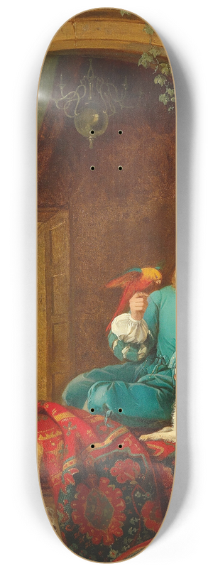 Alexis Van Hamme - A Boy at the Window with Small Dog and Parrot 8.25 inch art skate deck