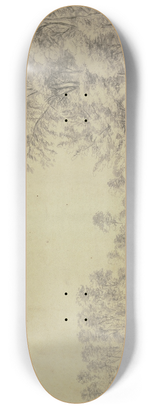 Antonie Waterloo - Ein Teich mit Bumen eingefasst, rechts bei einer Brcke auf einer Ruhebank sitzt ein Mann mit einem Hund 8.25 inch art skate deck