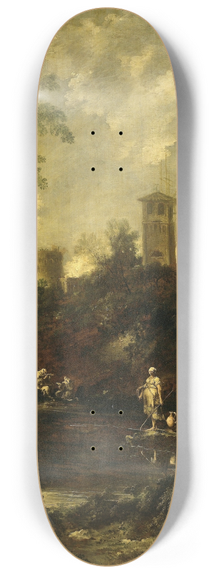 Antonio Francesco Peruzzini - Landscape with Monks, Pilgrim and Peasant Woman 8.25 inch art skate deck