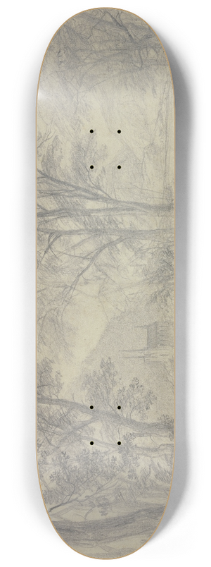 Anton Radl - Blick durch den Wald auf eine Kirche an einem Bergsee 8.25 inch art skate deck