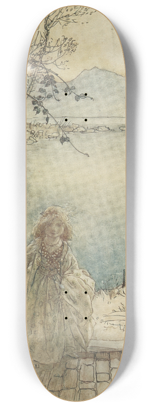 Arthur Rackham - A beautiful little girl clad in rich garments stood there on the threshold smiling 8.25 inch art skate deck