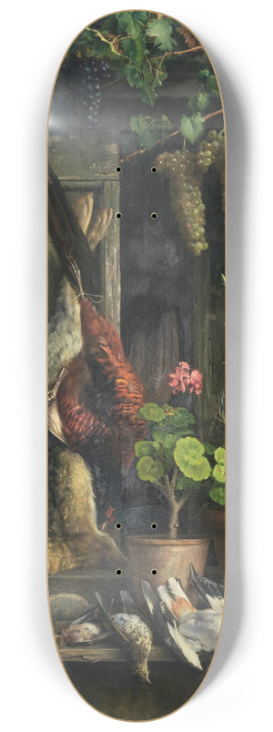 Aurelio Zingoni - Still Life with Birds, a Hare, Carnations and Geraniums in a Pot under a Vine 8.25 inch art skate deck