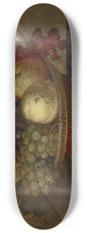 Balthasar van der Ast - Apples and grapes in a basket, with fruit and shells on a stone ledge 8.25 inch art skate deck