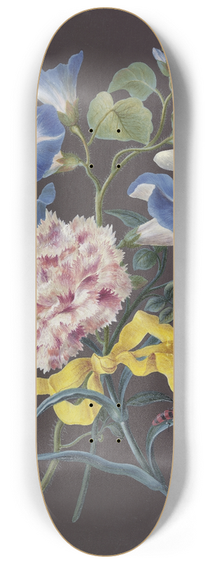 Barbara Regina Dietzsch - Blumengebinde Mit Rosa Nelke (Dianthus), Blauer Winde (Convolvulus) Und Weiem Jasmin (Jasminum), Mit Rotschwarz Getreiftem Kfer, Libelle Und Fliege 8.25 inch art skate deck