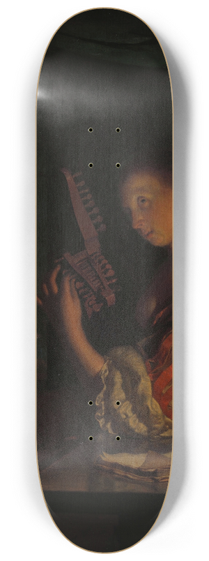 Frans van Mieris the Elder - Vrouw die een teorbe stemt 8.25 inch art skate deck Frans van Mieris the Elder - Vrouw die een teorbe stemt 8.25 inch art skate deck