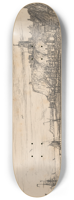 Charles Golding Constable - Harbour Scene with Town. 8.25 inch art skate deck