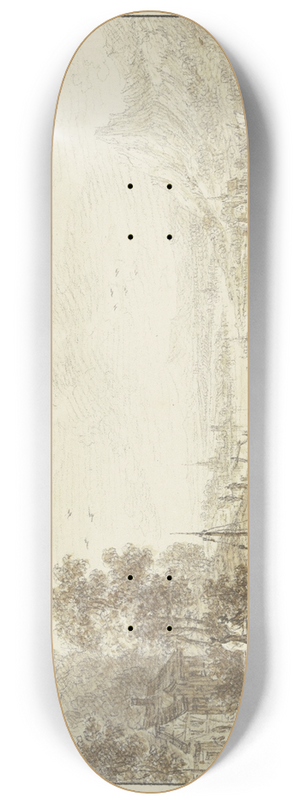 Franz Schtz - Flusslandschaft, rechts ansteigendes Gebirge, links ein Haus mit einer Brcke, bei der ein Boot landet 8.25 inch art skate deck