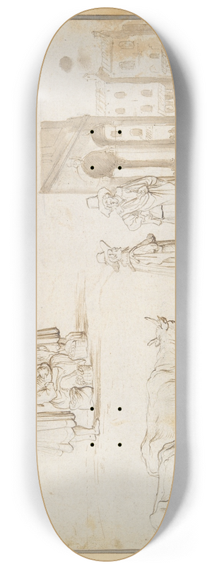 Cornelis De Wael - Studies of Two Cows, Figures, and StreetScene 8.25 inch art skate deck