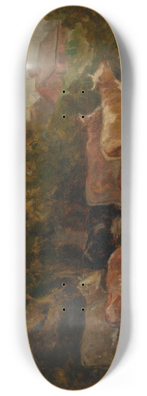Edward Mitchell Bannister - Untitled (five cows in pasture, rooftop in background) 8.25 inch art skate deck