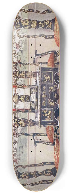 Edwin Foley - Black lacquer settee, chairs and table, red lacquer mirror 8.25 inch art skate deck