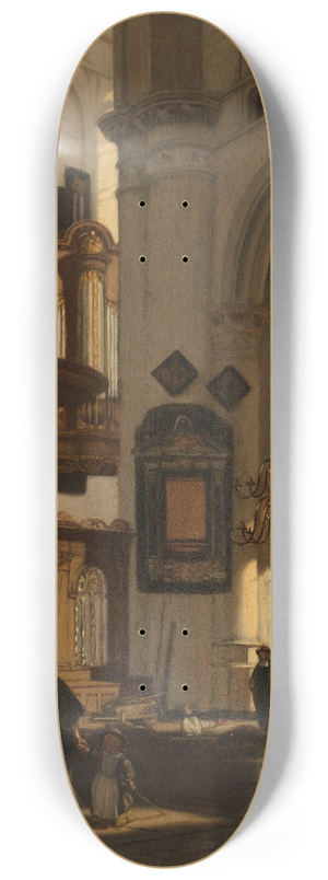 Emanuel de Witte - Interior of a Protestant, Gothic Church, with a Gravedigger in the Choir 8.25 inch art skate deck