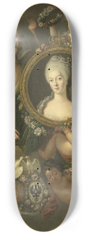 Friedrich Reclam - Portrait of Wilhelmina of Prussia in a medallion with allusions to her marriage to Prince William V on 4 October 1767 in Berlin (Frederika Sophia Wilhelmina) 8.25 inch art skate deck