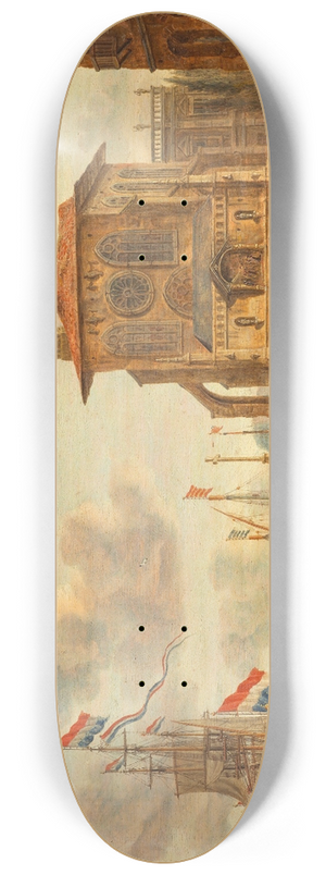 Abraham Storck - Harbour scene with medieval building 8.25 inch art skate deck