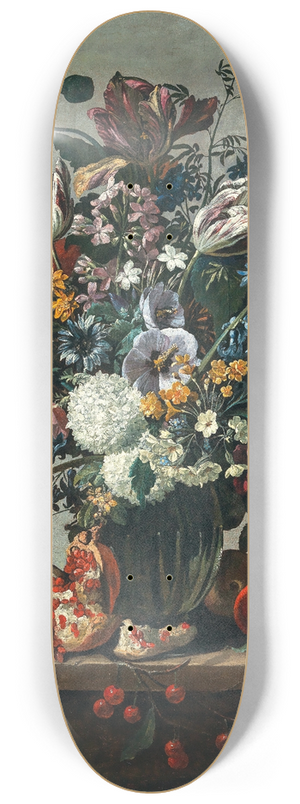 Gaspar Peeter Verbruggen the Elder - Tulips, squills hydrangeas, peonies, and other flowers in a vase surrounded by pomegranates and other fruit, on a stone ledge 8.25 inch art skate deck