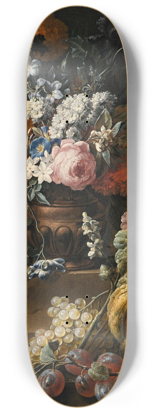 Gaspar Peeter Verbruggen the Younger - Still Life With Hollyhock, Carnations, And Various Flowers In A Vase On A Plinth With A Melon, Cherries, Grapes And Plums On A Ledge 8.25 inch art skate deck