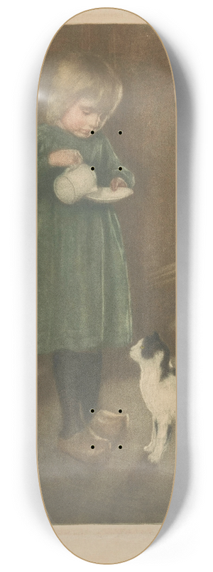 Heinrich M. Krabb - Girl feeding a cat 8.25 inch art skate deck