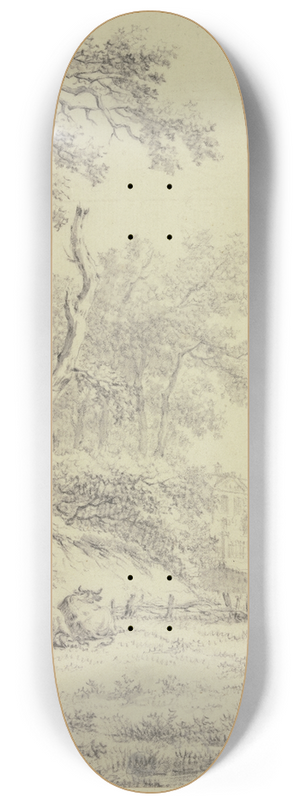 Jacob Cats - Bei einer Baumgruppe an einem Zaun liegendes Vieh, rechts eine Frau mit einem Eimer 8.25 inch art skate deck