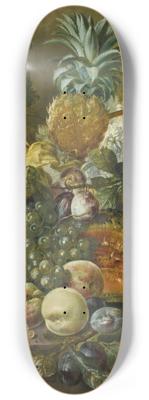 Jacobus Linthorst - A pineapple, plums, grapes and other fruit with corn on a marble ledge 8.25 inch art skate deck