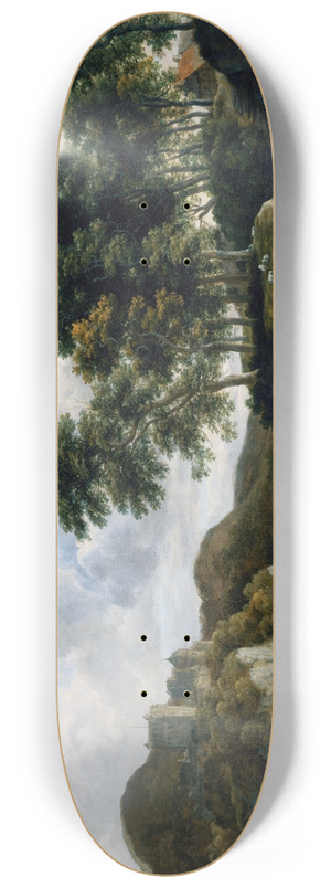 Jacob van Ruisdael - River Landscape with a Castle on a High Cliff 8.25 inch art skate deck