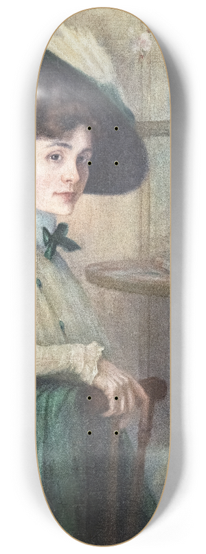 Jane Atch - Self-portrait with a green hat 8.25 inch art skate deck