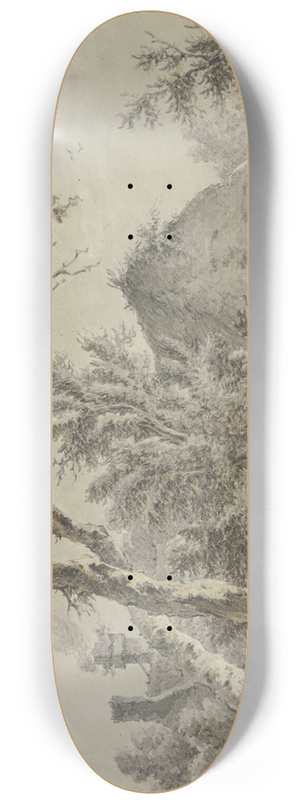 Jan Hulswit - Eichen und Htten, vorn am Weg sitzt ein ein Wanderer mit einem Bndel 8.25 inch art skate deck