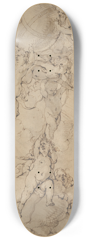 Jan Thomas - Putti in Clouds, Supporting a Globe 8.25 inch art skate deck