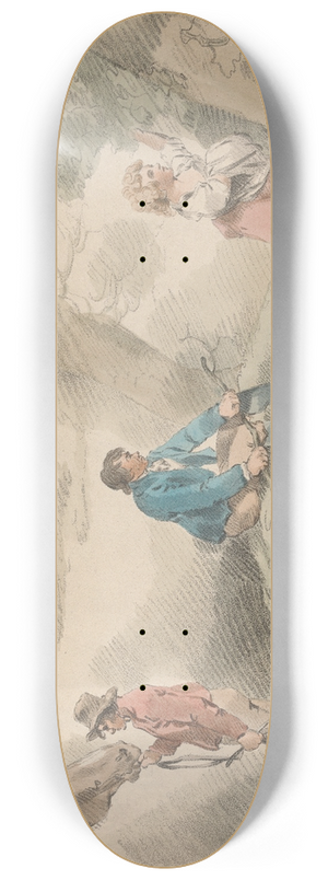 George Morland - Studies of Girls, one Playing with Hoop, one Picking Berries, Man and Horse, etc. 8.25 inch art skate deck