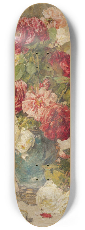 Georges Jeannin - A still life with roses in a vase and a fan 8.25 inch art skate deck