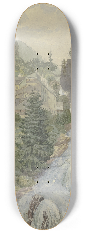 Georg Von Krieg - Alpine brook with houses 8.25 inch art skate deck