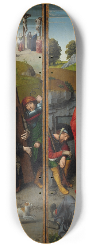 Gerard David - Christ Carrying the Cross, with the Crucifixion; The Resurrection, with the Pilgrims of Emmaus 8.25 inch art skate deck Gerard David - Christ Carrying the Cross, with the Crucifixion; The Resurrection, with the Pilgrims of Emmaus 8.25 inch art skate deck