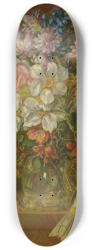 German School - Still Life Of Flowers, Bird And Grasshopper On A Ledge 8.25 inch art skate deck