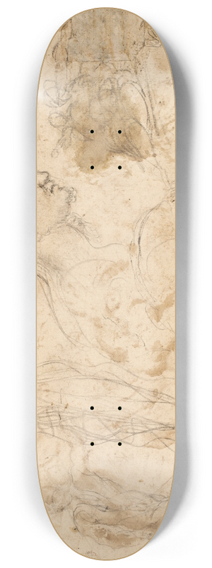 Giovanni Angelo Canini - Studier af figurer og hoveder; figurerne yderst til venstre og hjre er optegnet fra papirets forside 8.25 inch art skate deck Giovanni Angelo Canini - Studier af figurer og hoveder; figurerne yderst til venstre og hjre er optegnet fra papirets forside 8.25 inch art skate deck