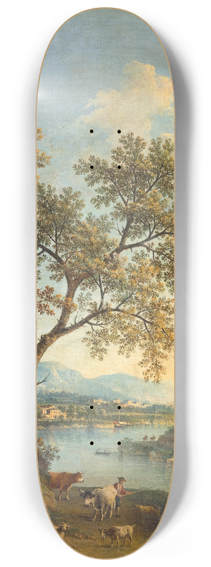 Giovanni Battista Cimaroli - A river landscape with a herdsman in the foreground and a village beyond 8.25 inch art skate deck Giovanni Battista Cimaroli - A river landscape with a herdsman in the foreground and a village beyond 8.25 inch art skate deck