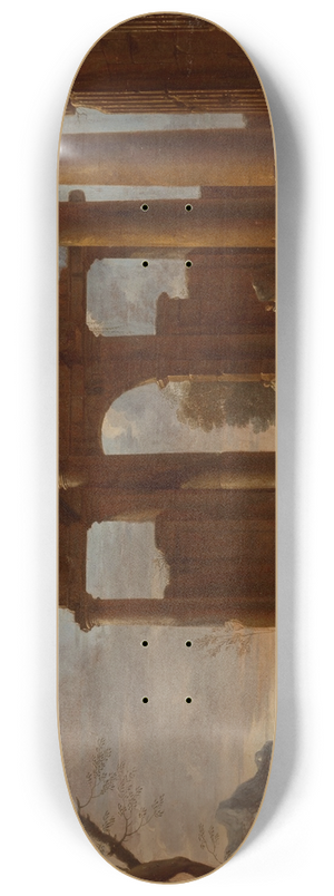 Giovanni Ghisolfi - Two classical temples in ruins with statue, bas-relief and figures 8.25 inch art skate deck