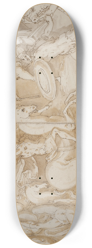 Giovanni Guerra - Romerske soldater krydser en flod i bde; en kmpende romersk soldat; romerske vagter fremfrer tilfangetagne barbarer for kejseren; pbegyndelsen af en march 8.25 inch art skate deck