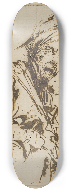 Giuseppe Bernardino Bison - Mandlig halvfigur siddende i en stol med en fjerprydet hat og et kranie i sin venstre hnd 8.25 inch art skate deck