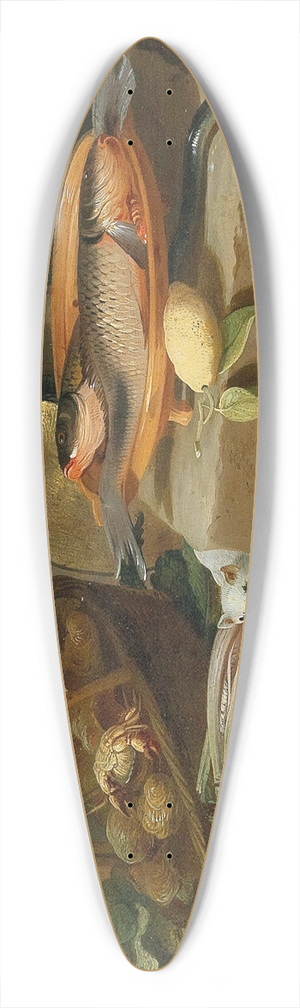 Pseudo Jan van Kessel II - A kitchen still life with fish, vegetables and a cat 39.3 inch art pintail longboard deck
